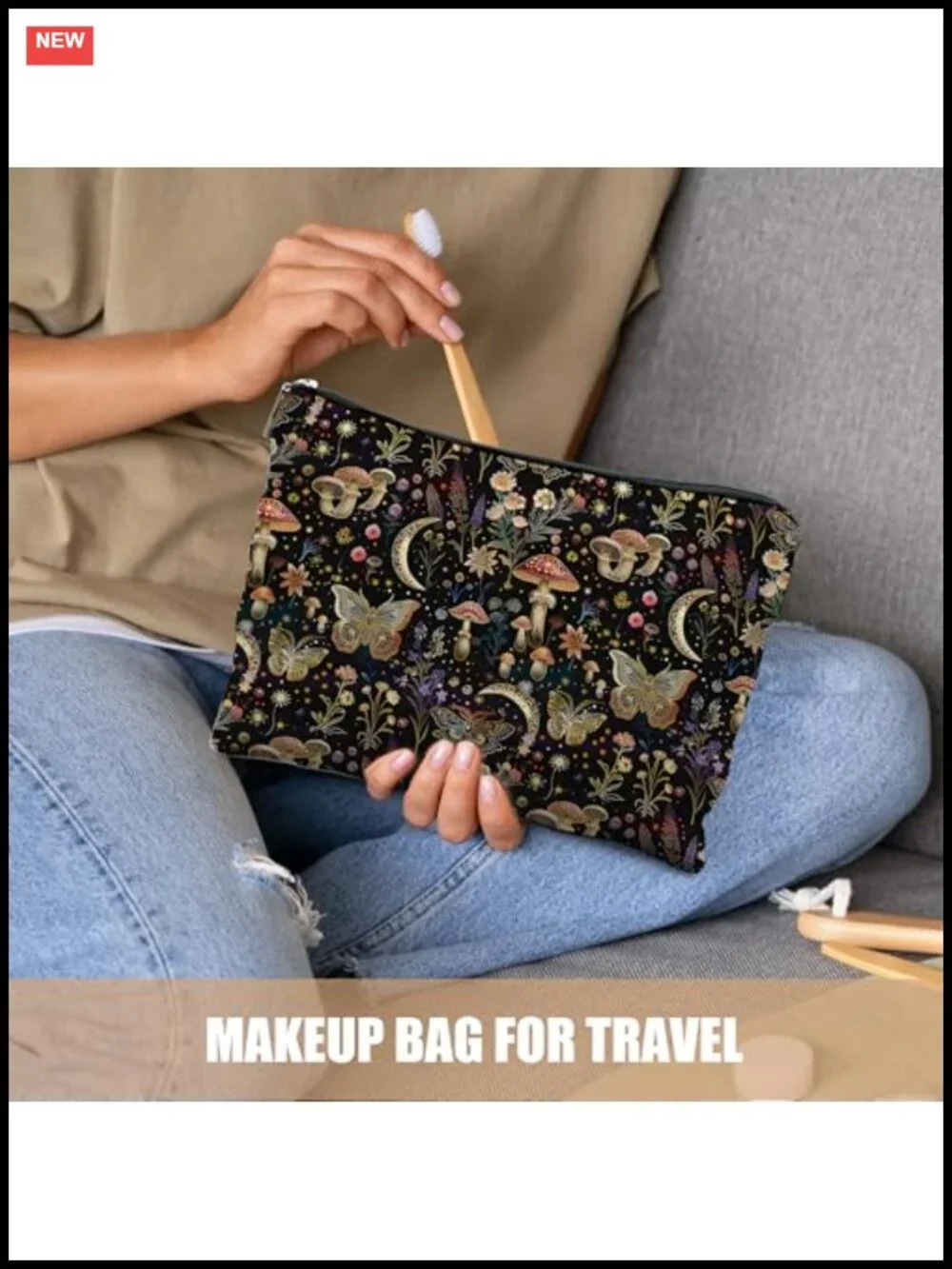 Gothic Witchy Moon Mushroom Butterfly Floral Linen Canvas Zipper Cosmetic Bag